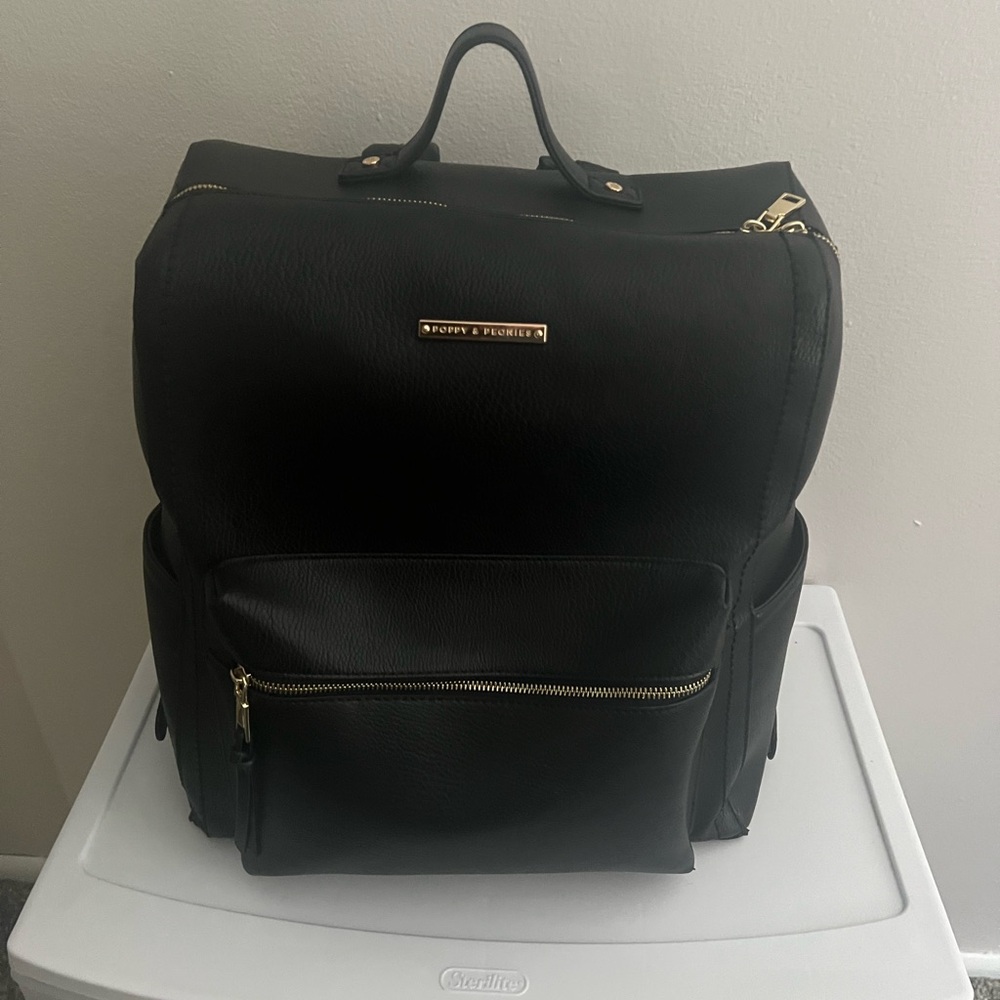 Poppy & Peonies Black Faux Leather Backpack